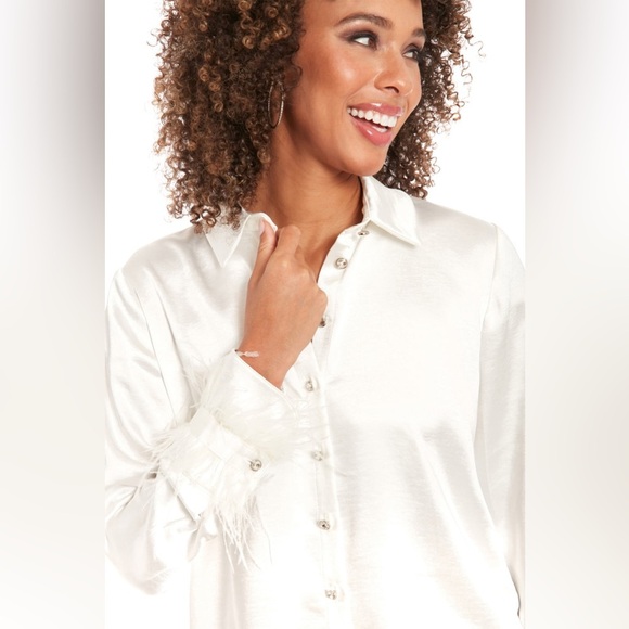 Muse by Maggy London Gramercy Feather Cuff Satin Blouse White 16 NWT - Picture 3 of 5